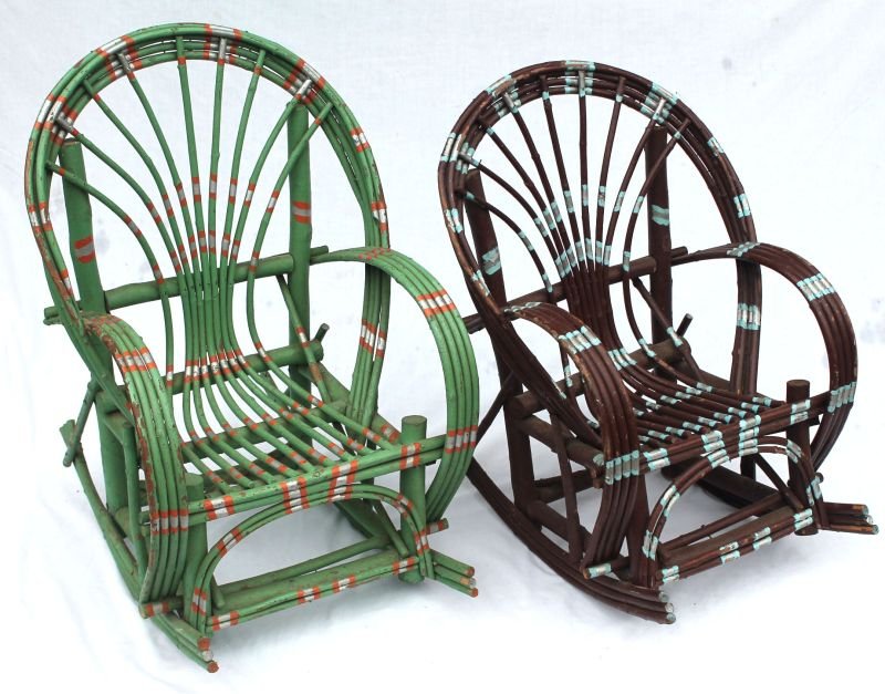 pr of ca 1920 Bentwood Adirondack child's rocking: pr of ca 1920 Bentwood Adirondack child's rocking chairs in orig polychrome paint - 27" tall