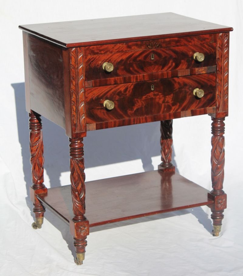 Fine period Sheraton ca 1800-1820 New Bedford or Fall: Fine period Sheraton ca 1800-1820 New Bedford or Fall River MA 2 dr water leaf carved mahog ladies nightstand in completely orig cond incl casters - 28 1/2" tall x 22 1/2" wide x 17" deep
