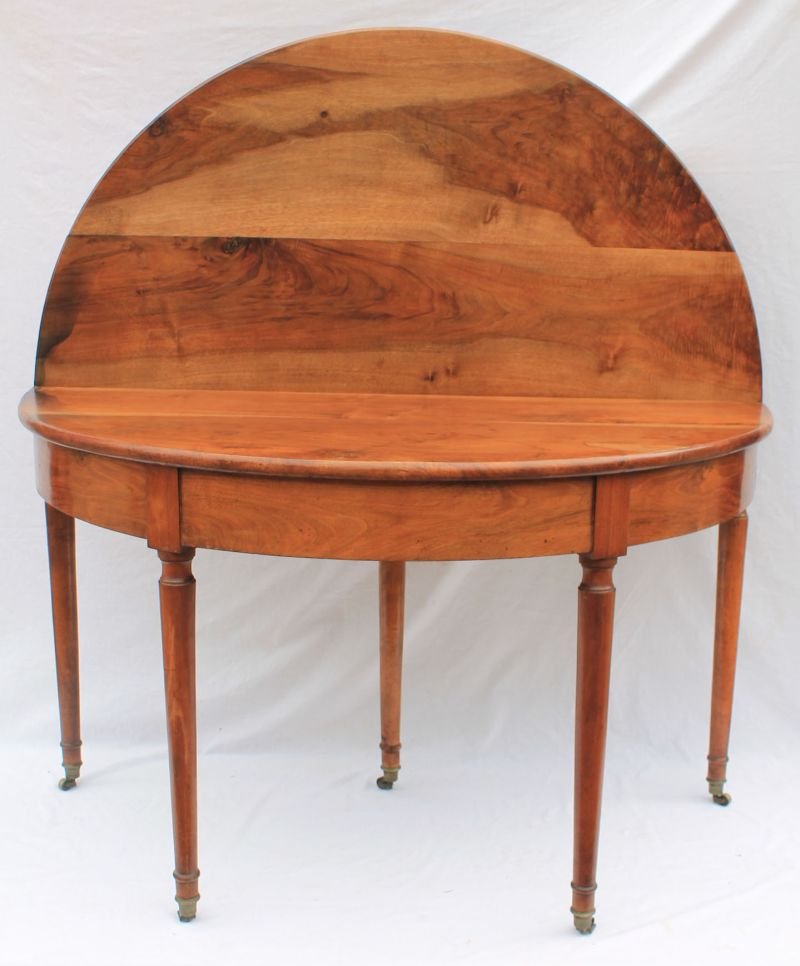 early 19thC oversized walnut 49" long 5 legged game: early 19thC oversized walnut 49" long 5 legged game table w pull out drawer - Note: when leaves are up, table becomes perfectly round