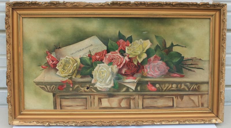14"x28" o/c still life of roses w sheet music titled: 14"x28" o/c still life of roses w sheet music titled "The Last Rose of Summer" & a bumblebee in a vintage frame - Note: Shattuck corners on stretchers ca 1845