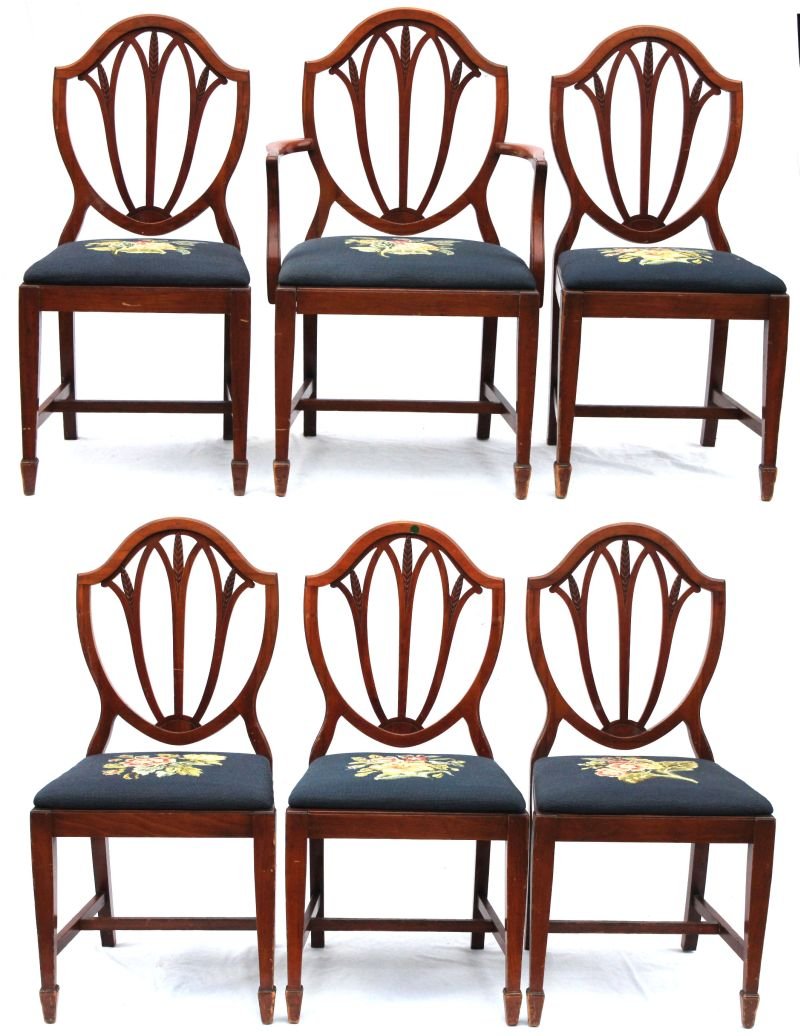 set of 6 Hepplewhite style dining chairs: set of 6 Hepplewhite style custom mahogany shield back dining chairs ending in spade feet w needlepoint seats - 1 armchair