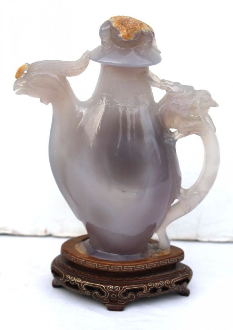 Chinese lavender jade ewer form sculpture w bird head &: Chinese lavender jade ewer form sculpture w bird head & handle attached to inlaid stand - 7" tall x 5" wide