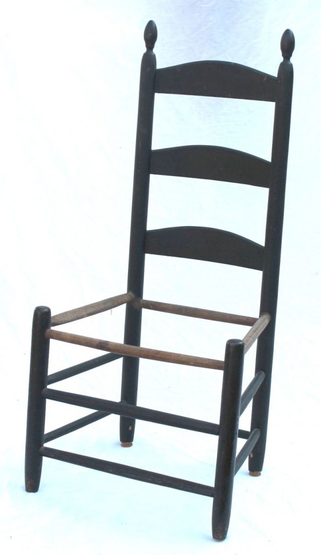 Enfield, CT Shaker 3 slat ladderback sidechair w: Enfield, CT Shaker 3 slat ladderback sidechair w tilters in old black paint over red - no seat - 38 3/4" tall