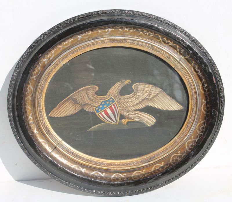 2nd Quarter 19thC excellent Patriotic Eagle w shield 7: 2nd Quarter 19thC excellent Patriotic Eagle w shield 7 1/4" x 9 1/2" sight size w/c found in NY State sgnd A.D.W. mounted in period oval molded frame