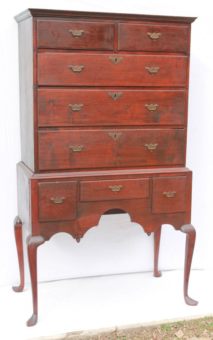 Fine Newport, RI QA period ca 1735-1755 figured maple: Fine Newport, RI QA period ca 1735-1755 figured maple slipper ft highboy in orig finish w orig brasses & locks