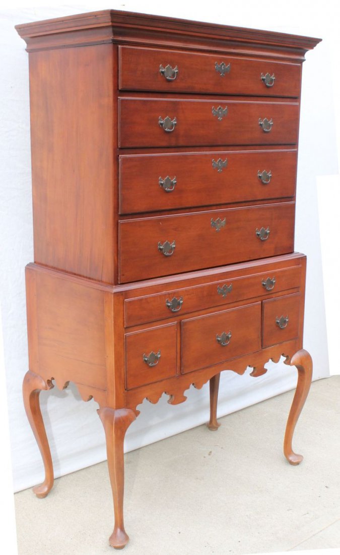 dated 1765 New London County CT QA period maple & pine: dated 1765 New London County CT QA period maple & pine highboy w elaborately scrolled apron & all orig construction - 36" case width top - 38 1/2" case with bottom - 68 1/2" tall