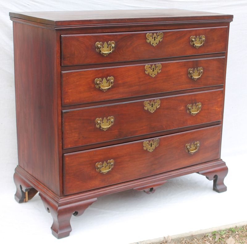 Powerful CT River Valley period Chippendale chest: Very Powerful CT River Valley period Chippendale ca 1755-1775 high quality carved Cuban mahog 4 drawer gentleman's chest featuring orig brasses, locks & key on Ogee bracket base w heart cut out drop p