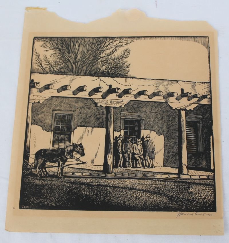 pencil sgnd Howard Norton Cook (1901-1980) 10"x8 3/4": pencil sgnd Howard Norton Cook (1901-1980) 10"x8 3/4" black & white etching or woodblock depicting a Southwestern scene w horse & figures - Manhattan "Discovery" collection