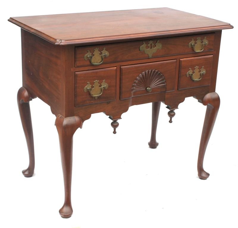 Most important period QA ca 1755-1775 attrib George: Most important period QA ca 1755-1775 attrib George Bright, Charlestown, MA fan carved highest quality Cuban mahogany lowboy featuring orig brasses orig finials & orig glue blocks under the orig undis