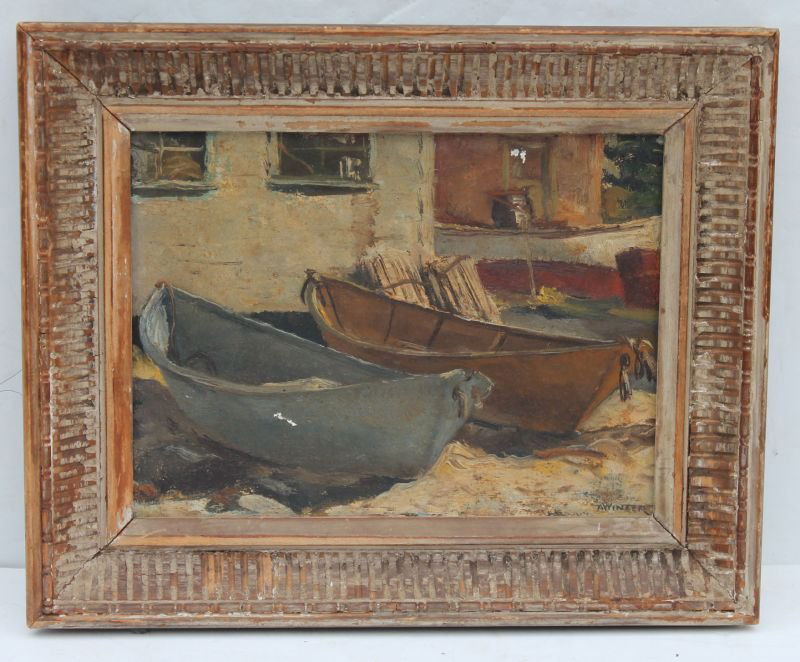Sgnd A. Winter (probably Andrew George Winter: Sgnd A. Winter (probably Andrew George Winter 1893-1958) 9"x12" o/bd seaside scene w beached dories