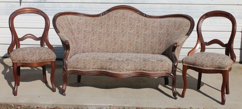 4 pc Victorian carved walnut parlor set incl a loveseat: 4 pc Victorian carved walnut parlor set incl a loveseat & 2 chairs in the same upholstery & a third matching chair in different upholstery - 63" long loveseat