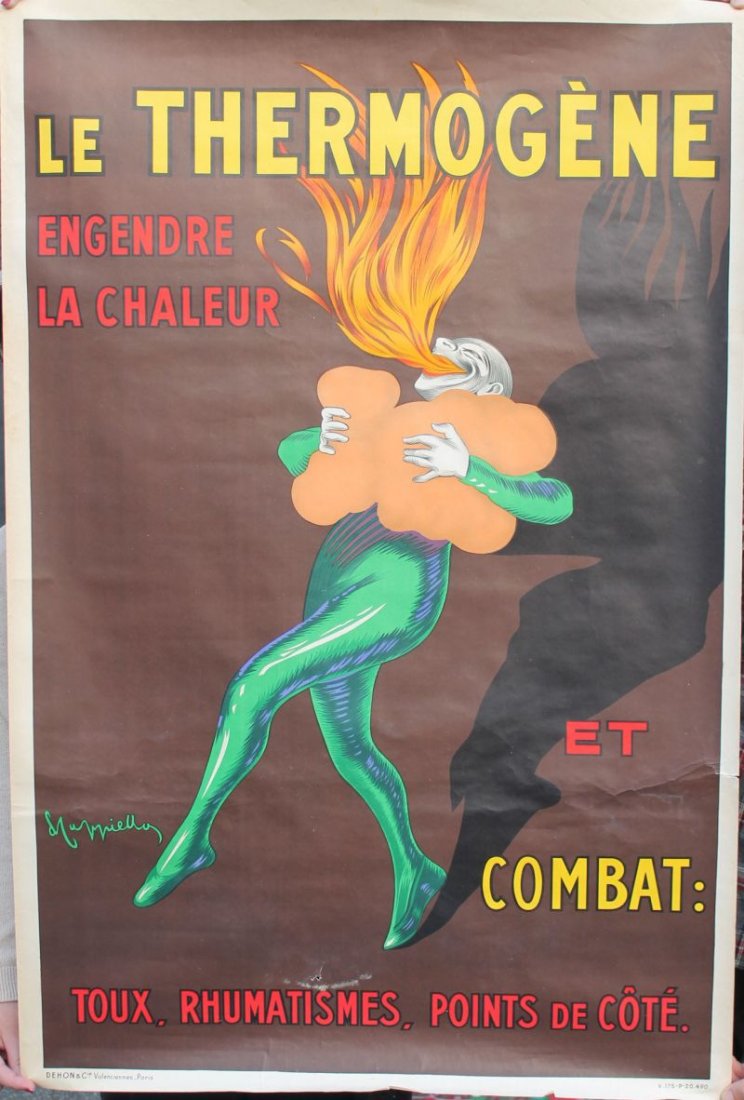 Wonderful ca 1920's lg 47"x31" orig stone litho French: Wonderful ca 1920's lg 47"x31" orig stone litho French poster "Le Thermogene Engendre La Chaleur" by Leonetto Capiello - vibrant colors