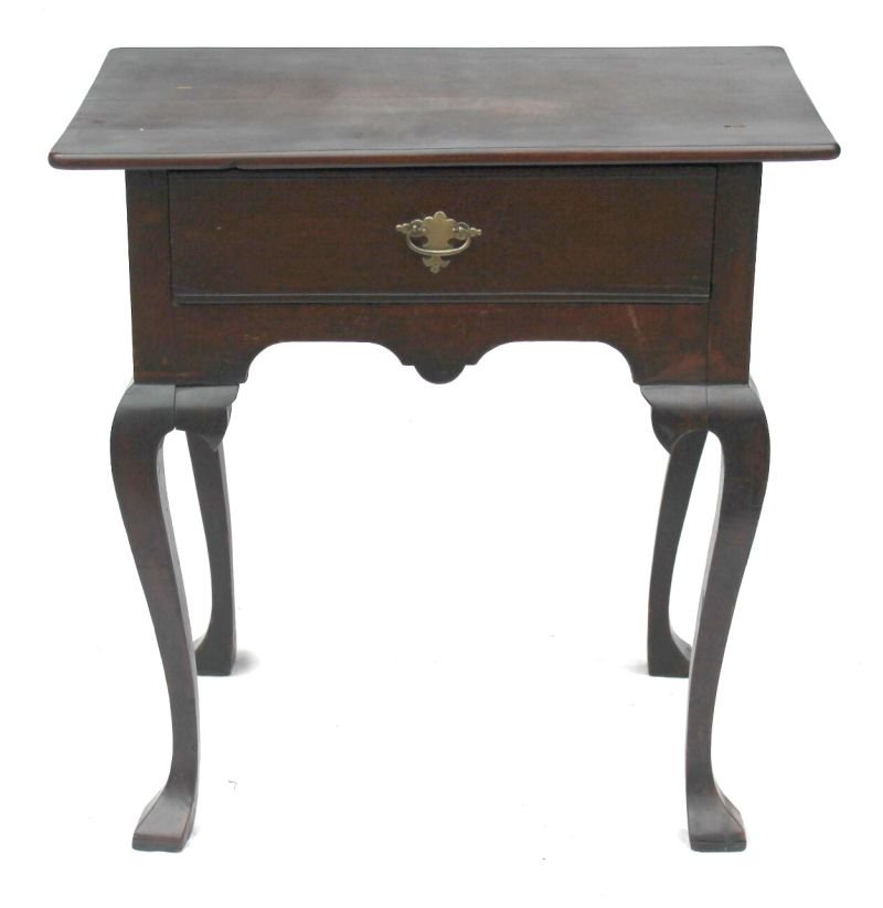 rare form ca 1730 period QA mahog single drawer: rare form ca 1730 period QA mahog single drawer diminutive dressing stand w overhanging top on cabriole legs ending in hoof feet - 22" case width
