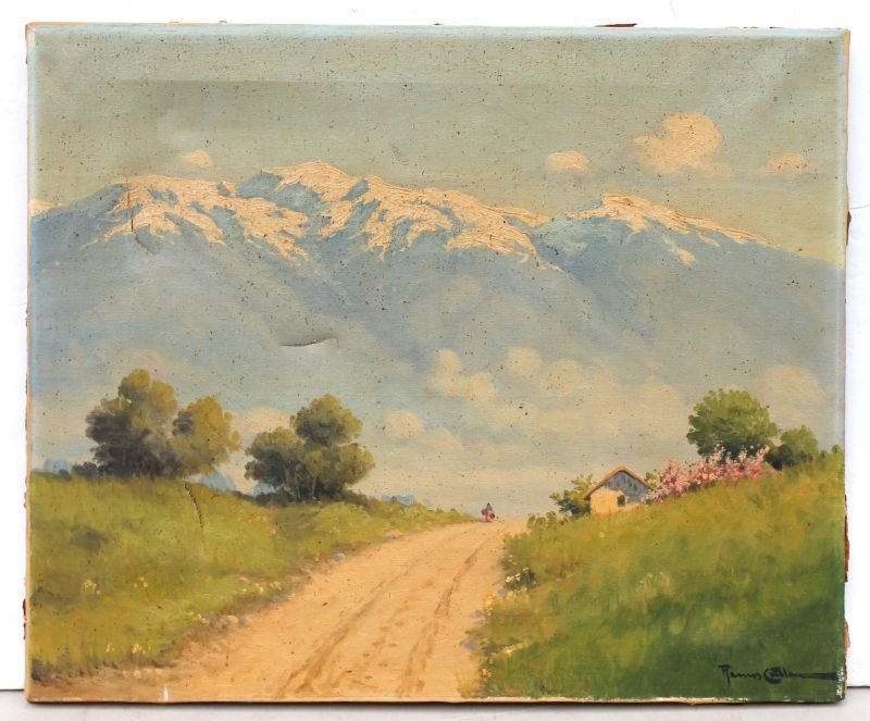 Benito Ramos Catalan (1888-1961) 19 1/2" x 23 1/2 o/c: Benito Ramos Catalan (1888-1961) 19 1/2" x 23 1/2 o/c Landscape w figure walking on path & mountains background - Manhattan "Discovery" collection