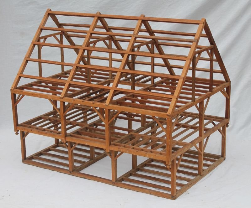 excellent & rare antique architects scale model of a: excellent & rare antique architects scale model of a 17th C pine carved house frame - 33" tall x 38" wide x 27 1/2" deep