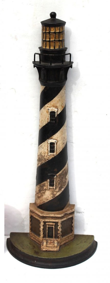 rare largest size 21" tall antique cast iron lighthouse: rare largest size 21" tall antique cast iron lighthouse doorstop in orig paint
