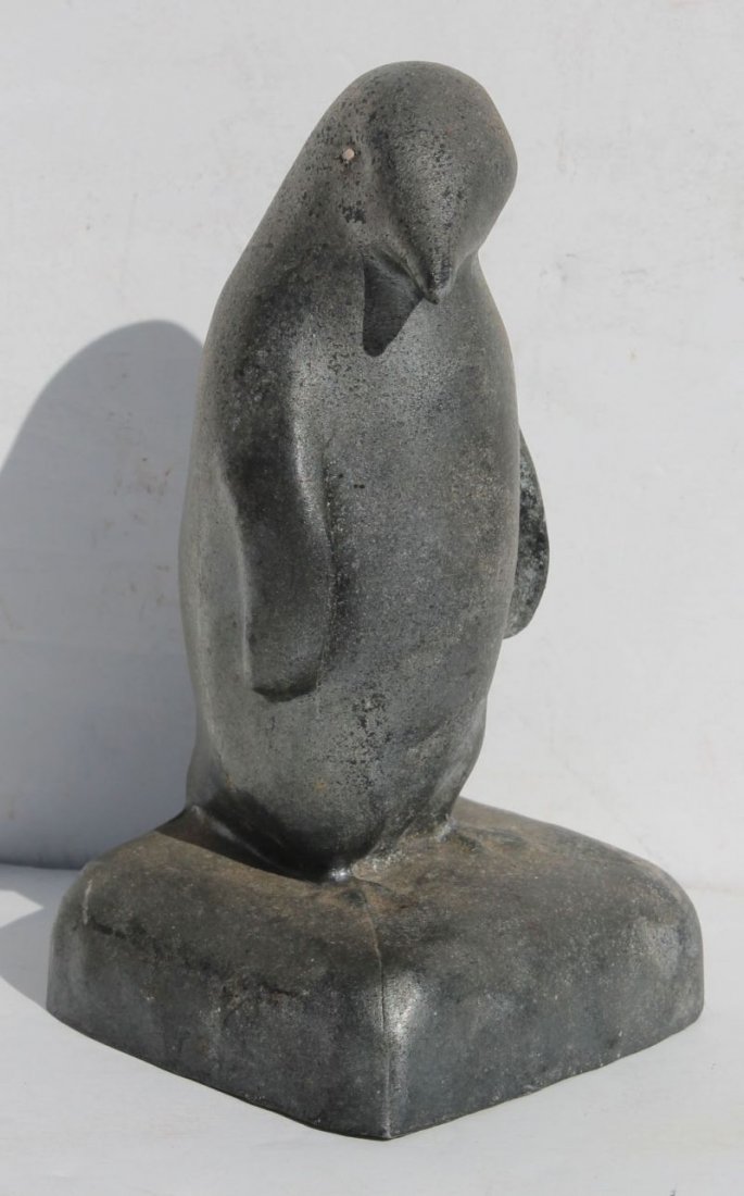 ca 1920 rare spelter penguin doorstop in orig charcoal: ca 1920 rare spelter penguin doorstop in orig charcoal gray paint w white eyes - "d & h" on back of base