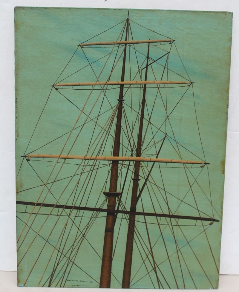 Desmond O'Neill (20thC) 24"x18" o/bd titled on verso: Desmond O'Neill (20thC) 24"x18" o/bd titled on verso "Masts Yards & Rigging - 2 Mast Top Sail Schooner 1865" - signed & dated 1968 - Manhattan "Discovery" collection