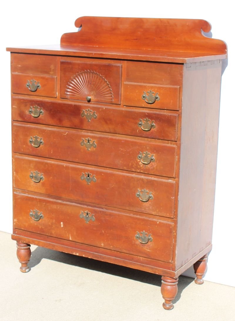 18thC 3 over 4 drawer fan carved chest on turned legs w: 18thC 3 over 4 drawer fan carved chest on turned legs w shaped splash - 51" tall x 37" case width - probably a highboy top