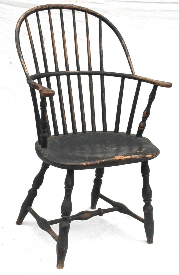 ca 1790 RI sack back Windsor armchair in untouched old: ca 1790 RI sack back Windsor armchair in untouched old black painted surface featuring great form & full height - 17" seat height - 38" tall