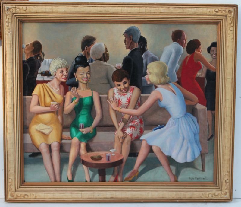 Kyra (Gaither) Markham (1891-1967) 20"x24" o/masonite: Kyra (Gaither) Markham (1891-1967) 20"x24" o/masonite multi figural genre of well dressed women & men at a cocktail party - (Kyra Markham was the daughter in law of Frank Lloyd Wright)
