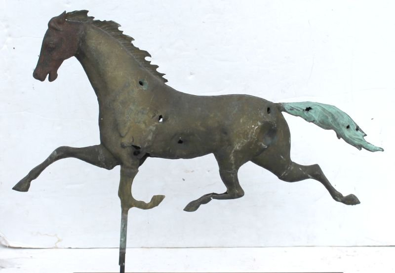 late 19thC Ethan Allen copper running horse weathervane: late 19thC Ethan Allen copper running horse weathervane w cast rion head & great old surface - 29 1/2" long x 19" tall