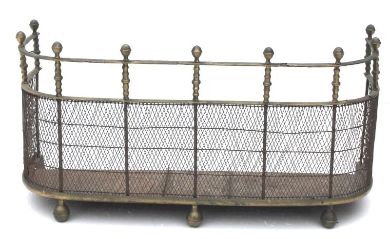early 19thC period Federal brass & wire diminutive: early 19thC period Federal brass & wire diminutive fireplace fender w ball finials & feet - 32 1/2" long x 16" tall