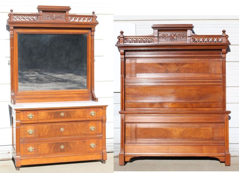 outstanding ca 1870-1880 Victorian carved walnut 2 pc: outstanding ca 1870-1880 Victorian carved walnut 2 pc bedroom set featuring high back bed & matching marble top mirrored dresser - 77" tall bed x 54" wide - 83" tall dresser - Longmeadow, MA estate