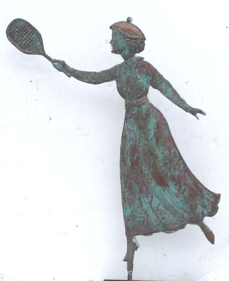 exceptional mid 20thC Kenneth Lynch (Wilton, CT) copper: exceptional mid 20thC Kenneth Lynch (Wilton, CT) copper female tennis player weathervane w traces of paint & fine verdigris surface - 30" tall