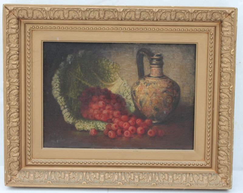 August Laux (1847-1921) 9 3/4" x 13 1/2" o/c still life: August Laux (1847-1921) 9 3/4" x 13 1/2" o/c still life of raspberries w caraffe of wine