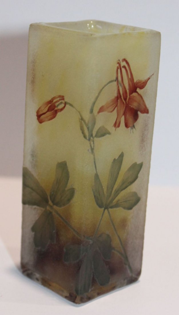 sgnd Daum Nancy miniature acid cut & enamelled 4 3/4": sgnd Daum Nancy miniature acid cut & enamelled 4 3/4" tall rectangular vase w columbine floral dec & rare Haviland & Co NY label affixed