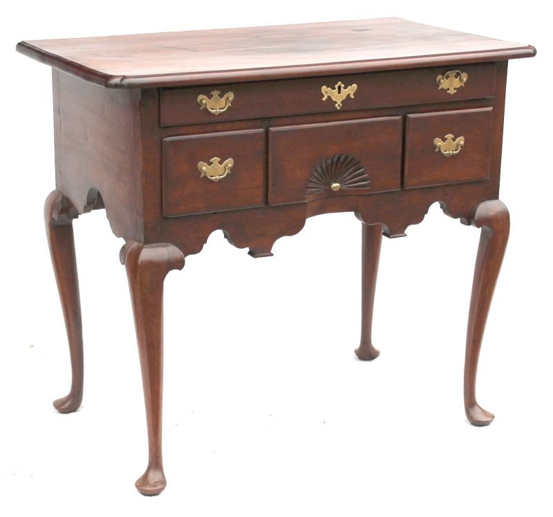 early QA ca 1740 beautifully proportioned CT River: early QA ca 1740 beautifully proportioned CT River Valley cherry shell carved lowboy featuring dramatically scalloped front & side skirting, molded & shaped overhanging top & graceful cabriole legs -