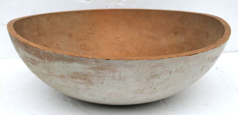 wonderful mid 19thC New England maple robin's egg blue: wonderful mid 19thC New England maple robin's egg blue dry orig painted lg & deep mixing bowl w unpainted natural nutty patina interior featuring turned foot & excellent untouched cond w no cracks or 