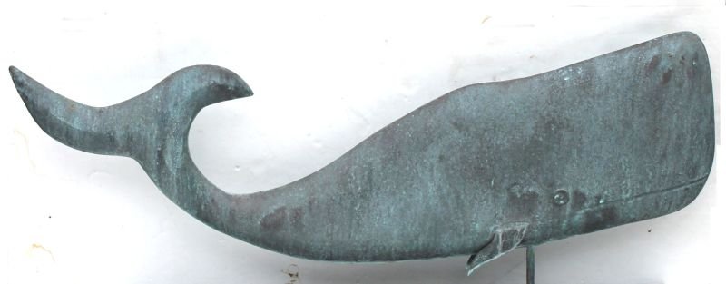 ca 1930 New England copper fine flattened full body: ca 1930 New England copper fine flattened full body form whale weathervane featuring sheet copper fins & excellent verdigris patina - 34" long x 14" tall