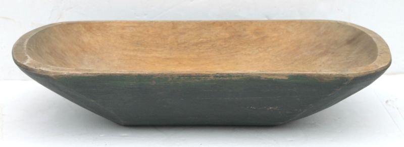 Superb early 19thC New Hampshire birch dry orig painted: Superb early 19thC New Hampshire birch dry orig painted Windsor green trencher w unpainted natural nutty patina interior featuring deeply carved, bold chisel marked exterior & excellent untouched cond