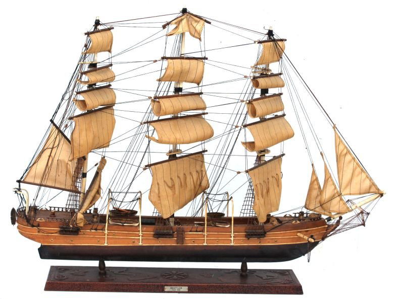 Antique wooden carved & orig painted tall ship with: Antique wooden carved & orig painted tall ship with cloth sails titled "Nautilus Year 1866" - 33" long x 25" tall