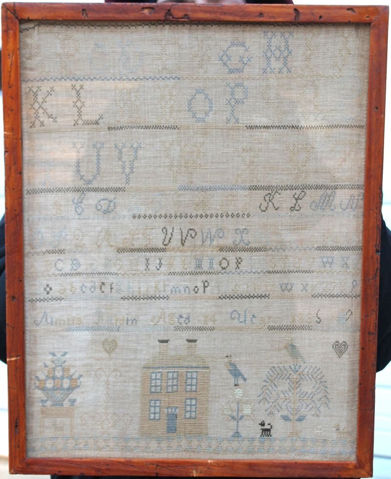 antique alphabet & pictoral sampler by Almira Bardin: antique alphabet & pictoral sampler by Almira Bardin aged 14 years, dated 1835 from Berkshire County, MA w family history - 20" x 15 1/2"