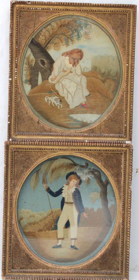 wonderful pr of ca 1800 rare virtually mint condition: wonderful pr of ca 1800 rare virtually mint condition needlepoint & w/c's depicting woman w dog & well dressed gentleman in feathered hat w a spear in his hand in matching oval formatted vintage frame