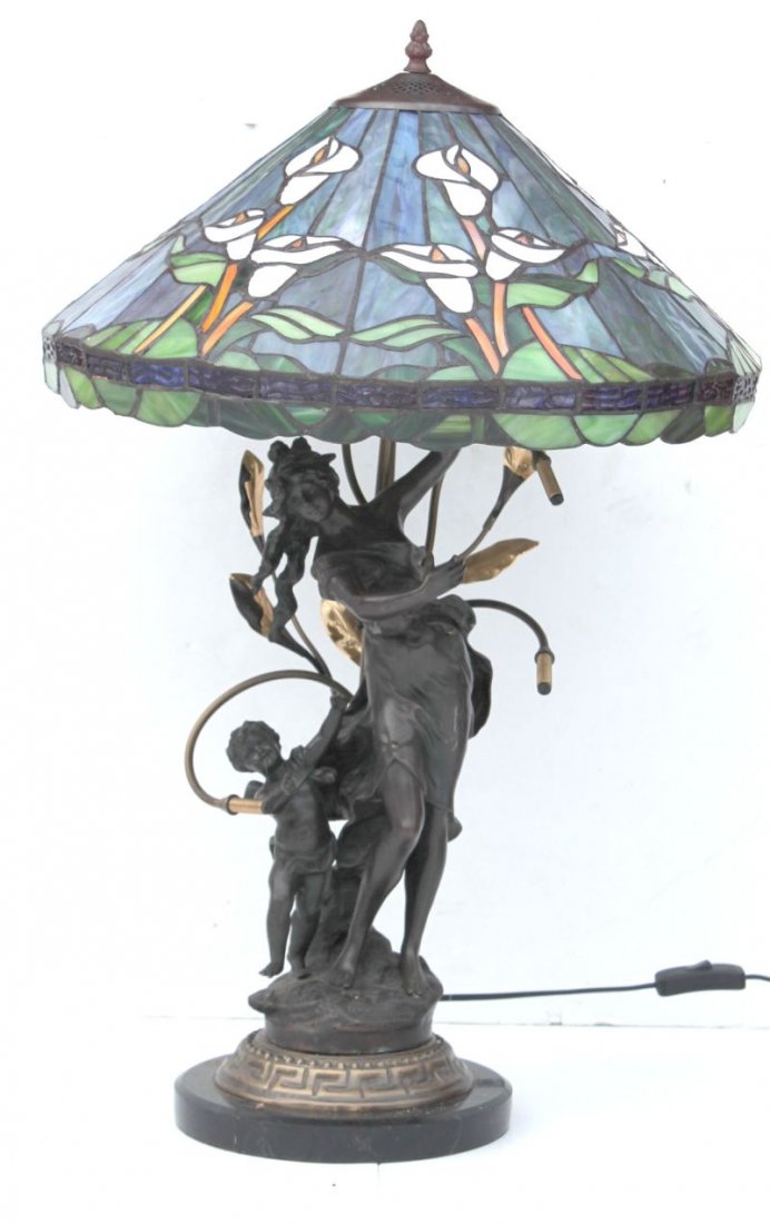 Calla Lily dec leaded glass table lamp on sgnd Auguste: Calla Lily dec leaded glass table lamp on sgnd Auguste Moreaux bronze base featuring female & cherub - 18 1/2" diam shade