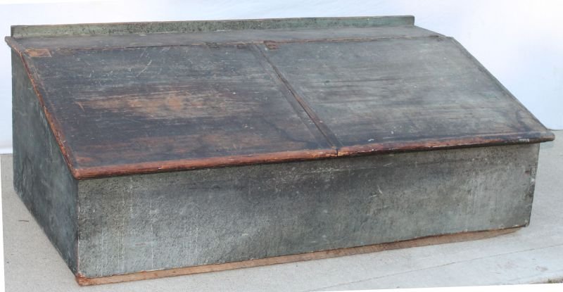 large 18thC American storekeeper's desk w divided: large 18thC American storekeeper's desk w divided interior in old green paint - 54" wide x 20" tall x 32" deep