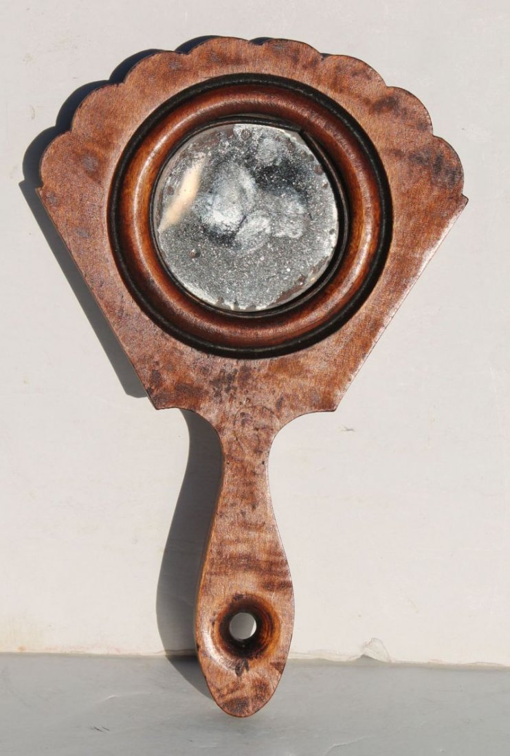 Wonderful form ca 1840 NH figured birch diminutive,: Wonderful form ca 1840 NH figured birch diminutive, possibly child's, fancy hand mirror w scalloped back plate & shaped pierced handle in orig crusty dry varnish finish, great patina & orig silver pla