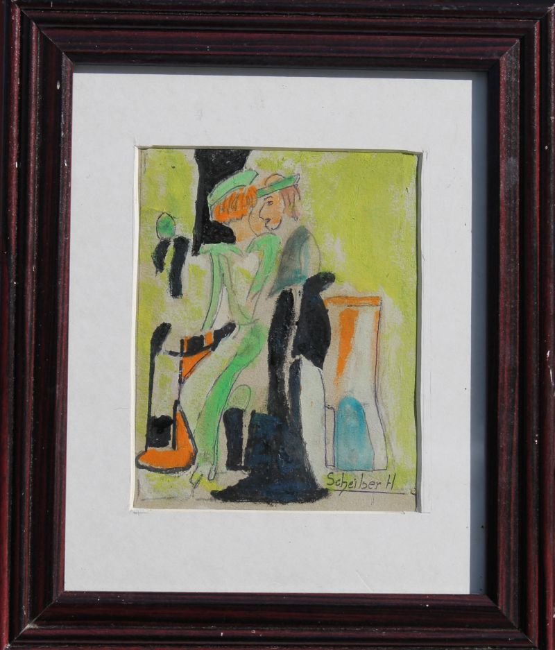 Hugo Scheiber (1873-1950) 6 1/2" x 5" (sight size)mixed: Hugo Scheiber (1873-1950) 6 1/2" x 5" (sight size)mixed media on paper depiction of 2 women