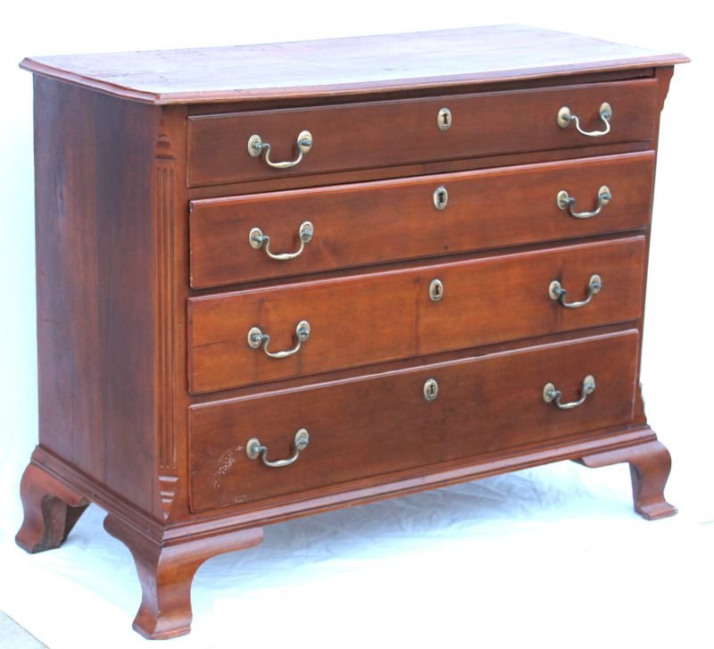 Chippendale period ca 1770's CT cherry 4 dr chest w: Chippendale period ca 1770's CT cherry 4 dr chest w stop fluted reeded 1/4 coulmns on ogee bracket base w orig bail handled brasses - 39 1/4" case width