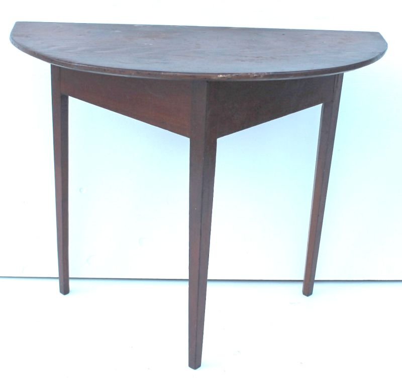 period Hepplewhite ca 1800-1810 Bergin Cty NJ cherry: period Hepplewhite ca 1800-1810 Bergin Cty NJ cherry triangular based demi-lune stand in red wash w orig scrub pine top - 34 1/4" wide x 17" deep x 27 1/4" tall