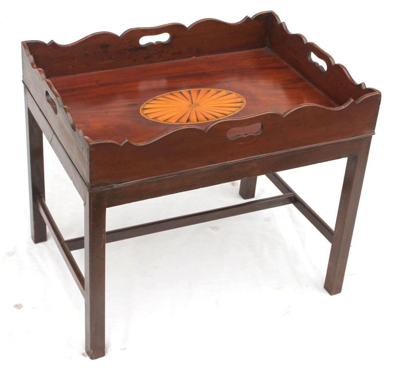 wonderful 19thC mahog butler's tray w inlaid oval: wonderful 19thC mahog butler's tray w inlaid oval paterae - 25 3/4" wide x 19" deep x 21 3/4" tall