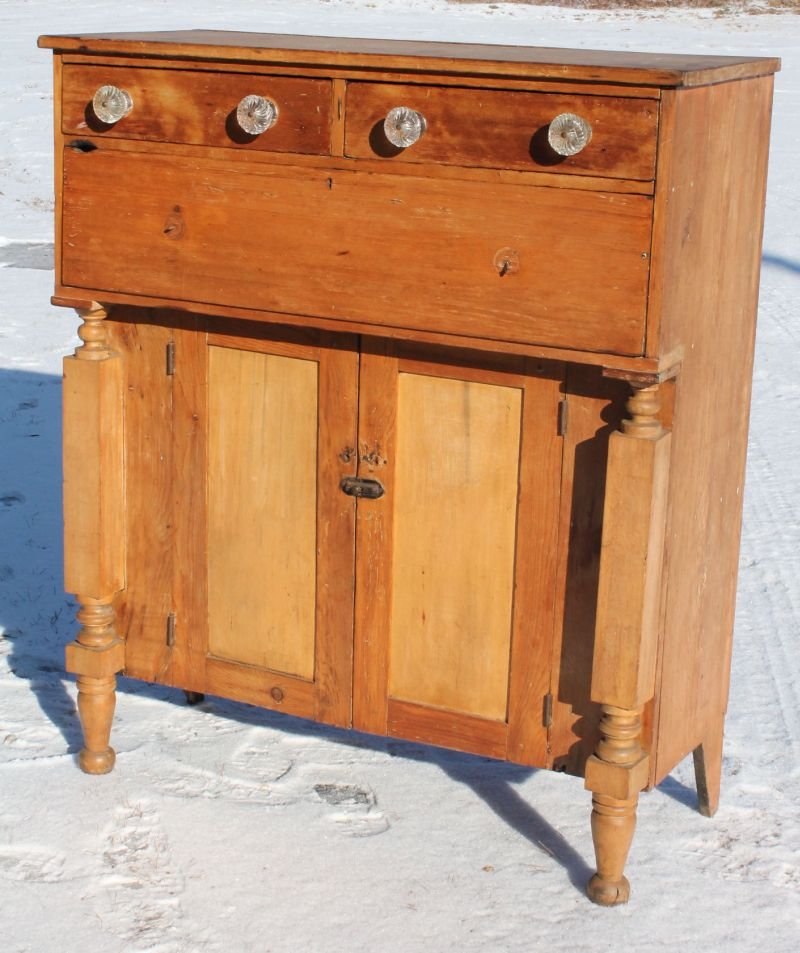 late Sheraton country cupboard on turned legs featuring: late Sheraton country cupboard on turned legs featuring 2 drawer over 1 drawer over 2 cupboard door construction - glass knobs - 50" tall x 43" wide x 18 1/4" deep