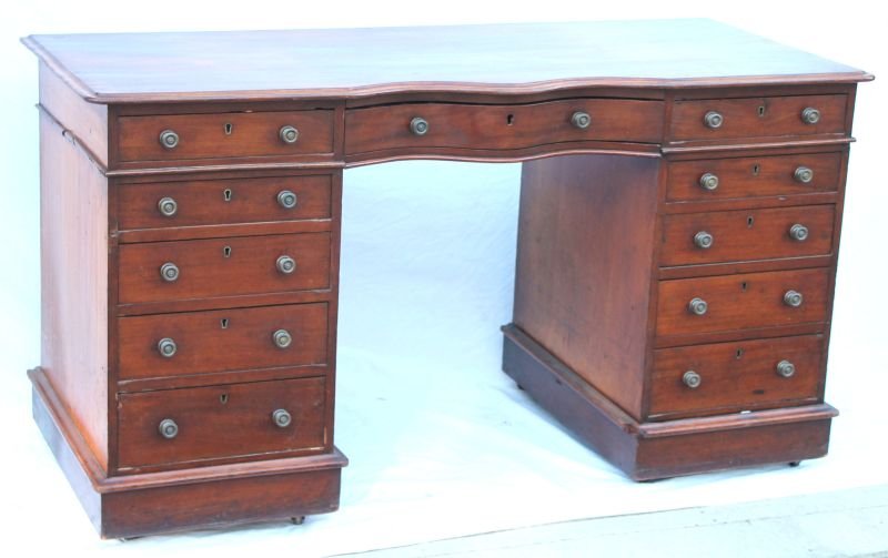 excellent quality late 18th/early 19thC mahog double: excellent quality late 18th/early 19thC mahog double pedestal executive or gentlemans desk w serpentine drawer front & molded base - 54" wide x 22 3/4" deep x 29 1/2" tall