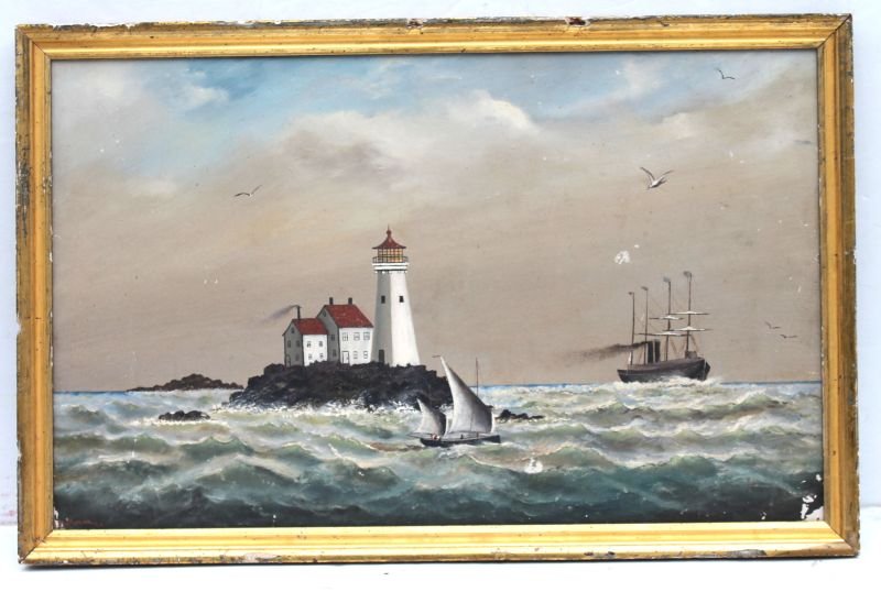 sgnd Buxman 15"x24 1/2" o/bd Boston Harbor scene w: sgnd Buxman 15"x24 1/2" o/bd Boston Harbor scene w lighthouse & boats dated 1894