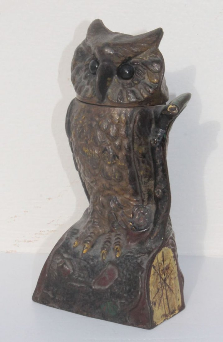 J.E. Stevens ca 1880's cast iron mechanical Owl bank w : J.E. Stevens ca 1880's cast iron mechanical Owl bank w orig trap door - 7 1/4" tall