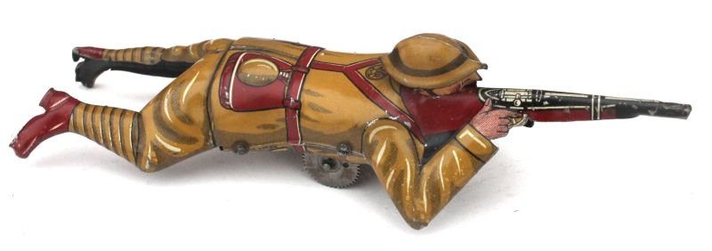 sgnd Marx tin wind-up toy crawling soldier w rifle - 7": sgnd Marx tin wind-up toy crawling soldier w rifle - 7" long